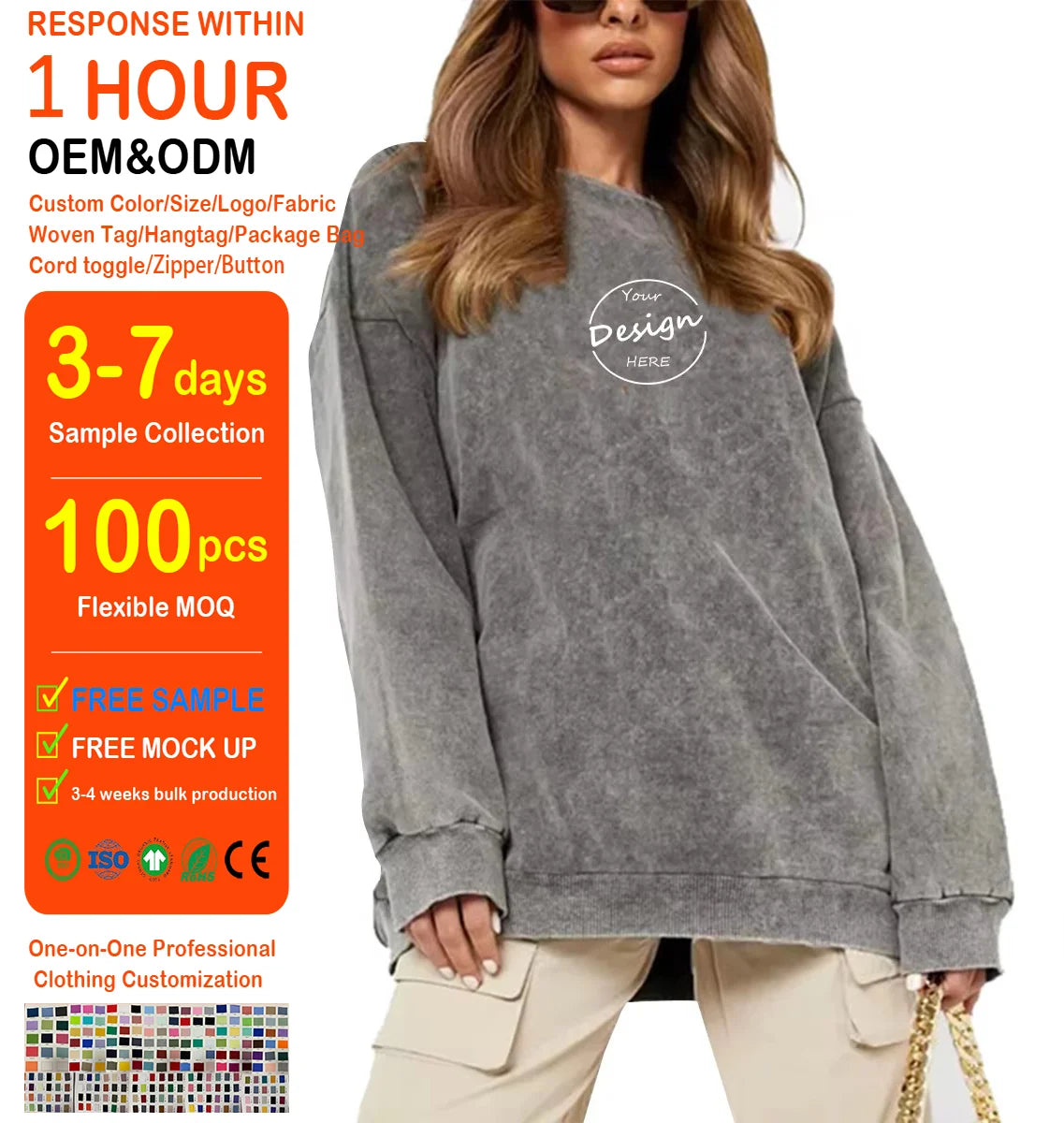 Wholesale Drop Shoulder Blank Plain Acid Wash Sweatshirt French Terry  Crew Neck Crewneck Oversized Sweatshirt for Women