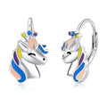 Fine Jewelry 925 Sterling Silver Cute Animal rainbow Enamel Unicorn Hoop Earrings
