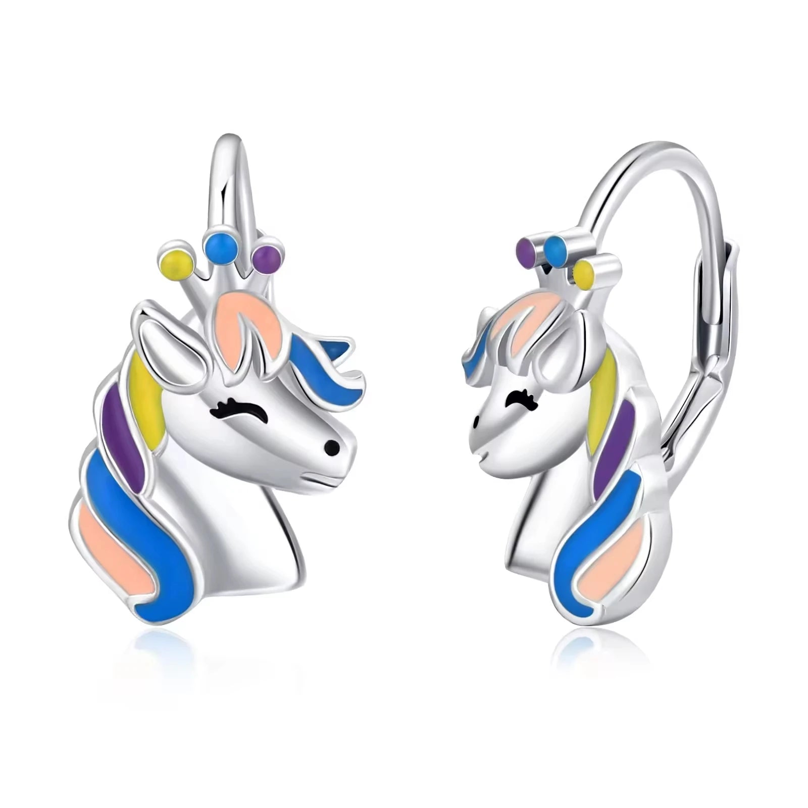 Fine Jewelry 925 Sterling Silver Cute Animal rainbow Enamel Unicorn Hoop Earrings