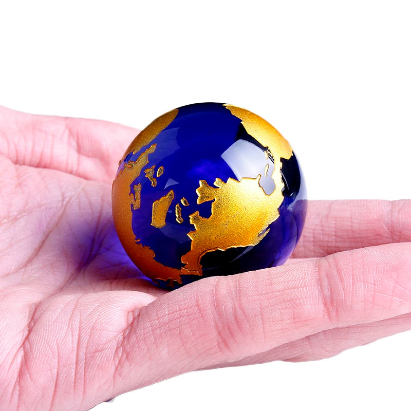 Hot Sale Blue Crystal EARTH Ball Gold Etched Glass World BALL Sphere Paperweight Desktop Decoration