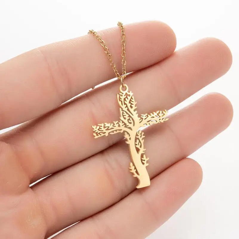 Factory Direct Sale Spring New Stainless Steel Plant Life Tree Pendant Necklace Ladies Cross Shelf Stainless Steel Necklace