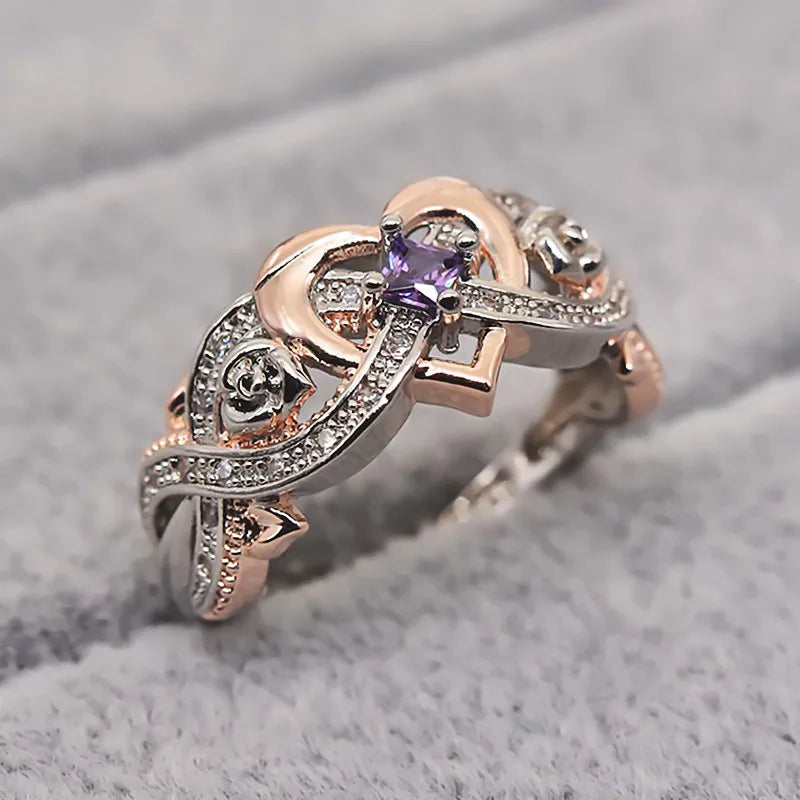 CAOSHI Love Rose Gold Plated Hearts Shaped Jewelry 925 Silver Cubic Zirconia Purple Crystal Engagement Promise Ring for Women