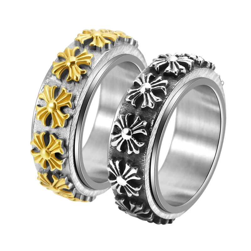 2025 New Fashion Men's Titanium Steel Vintage Clover Cross Rotating Ring