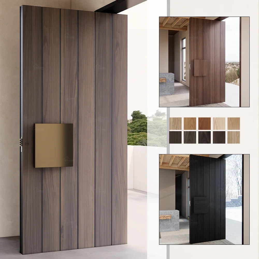 Yohome Square Handle Design Solid Wood Vertical Slat Slab Doors Villa House Farmhouse Main Entrance Entryway Front Doors MegaBDM