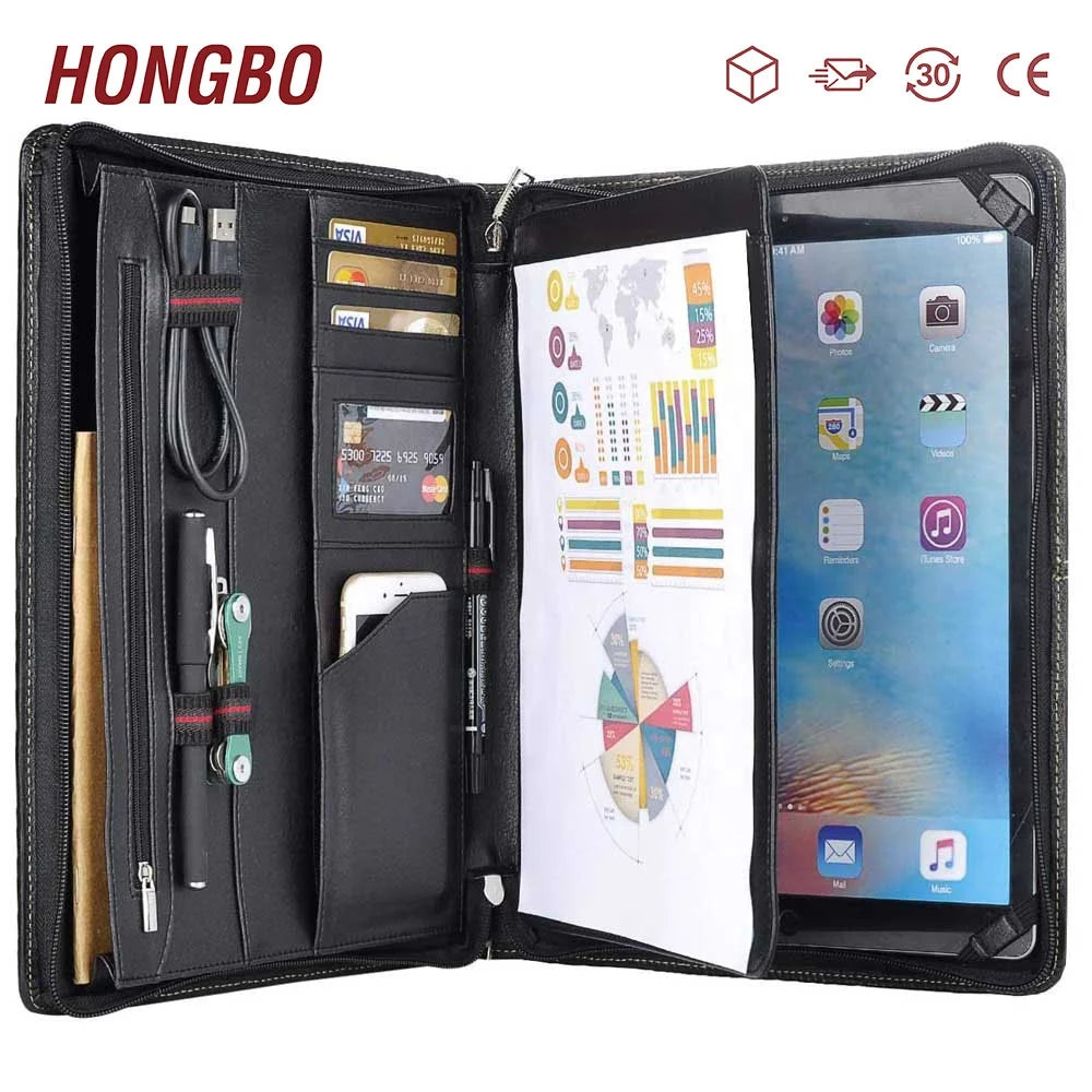 Multi-Functional A4 Letter-Size Leather Business Portfolio Zipper-Closed Briefcase