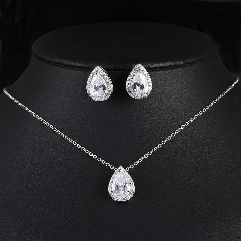 2025 Hot Sale 18k Gold Plated Sparkle Crystal Fine Jewelry Jewelry Sets Water Drop Pendant Zirconia Jewelry Set for Wedding
