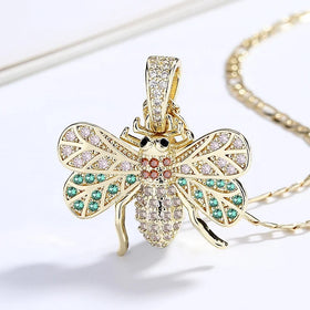 Insect Shape Green and Red Charm Pendant With Chain Zircons New in Fashion Fine Jewelry Necklace for Women