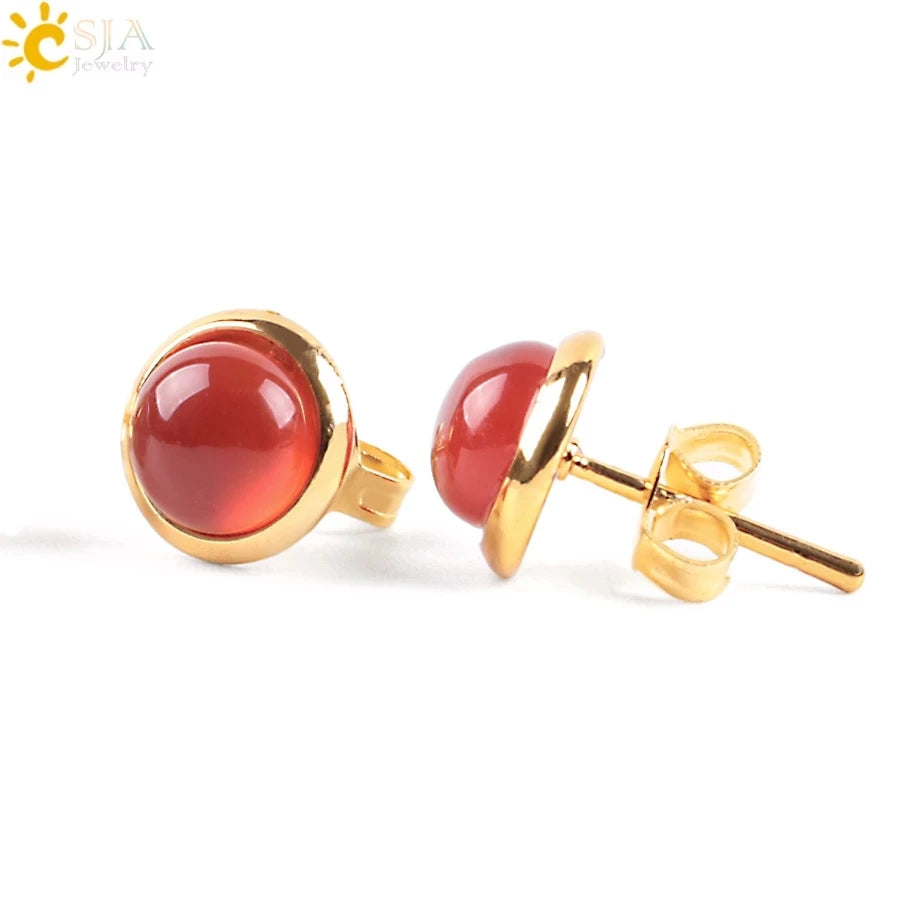 CSJA  Hot Healing Crystal Stud Earrings Gold Color Ear Piercing Natural Gem Stone Bead Earring E596