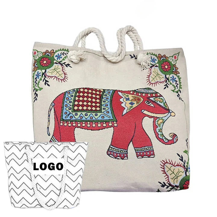 Custom logo Hot Sale Thailand Bangkok Elephant Double-Sided Pattern Canvas Cotton Rope Single-Shoulder Ladies Luxury Beach Tote