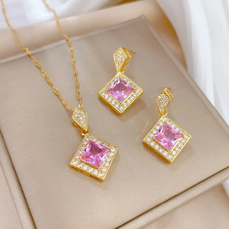 Fashion 14K Gold Plated Stainless Steel Square Pendant Necklace Delicate Shining Square Pink Cubic Zircon Wedding Jewelry Set