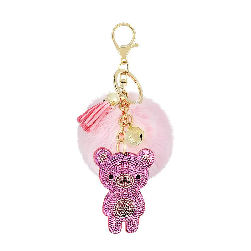 Hot Selling Fashion Bag Accessories Car Pendant Cute Pompon Heart Rhinestone Keychains Custom Fur Keychain