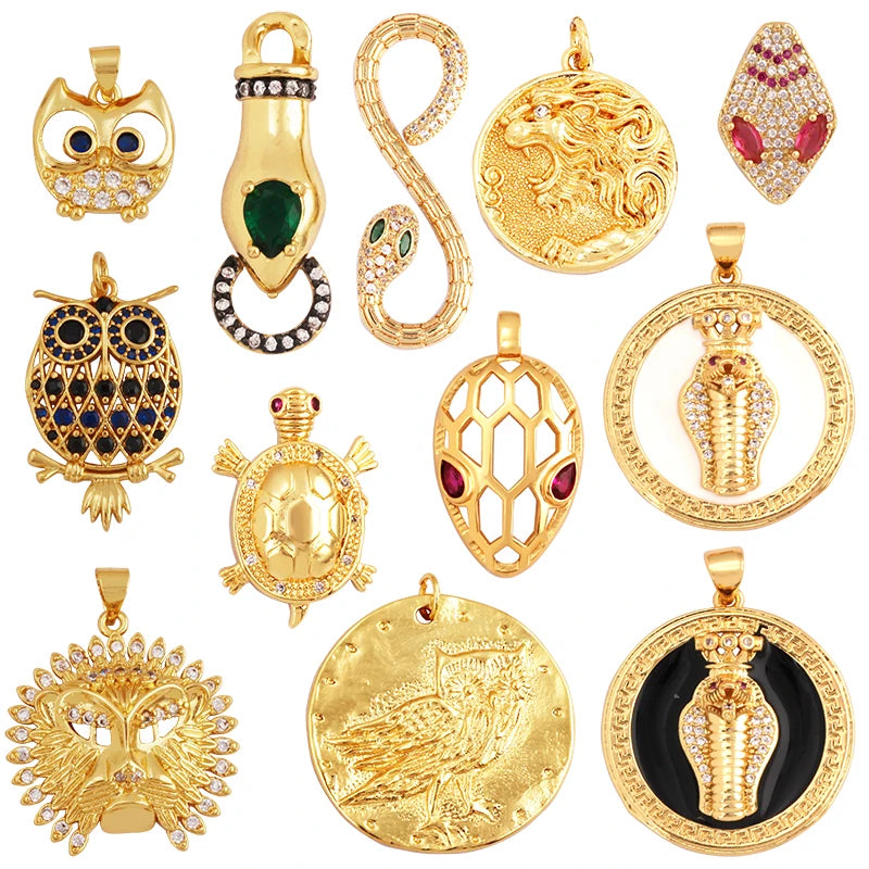 Unique Fine Tortoise Snake Owl Lion Disc Animal Charm PendantCute 18K Gold Necklace Bracelet for Handmade Jewelry Supplies L21