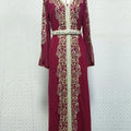 2024 Embroidered Middle Eastern Robe Dress Gold Color Dubai Floral Front Kaftan Dress Arab Women Muslim Dress