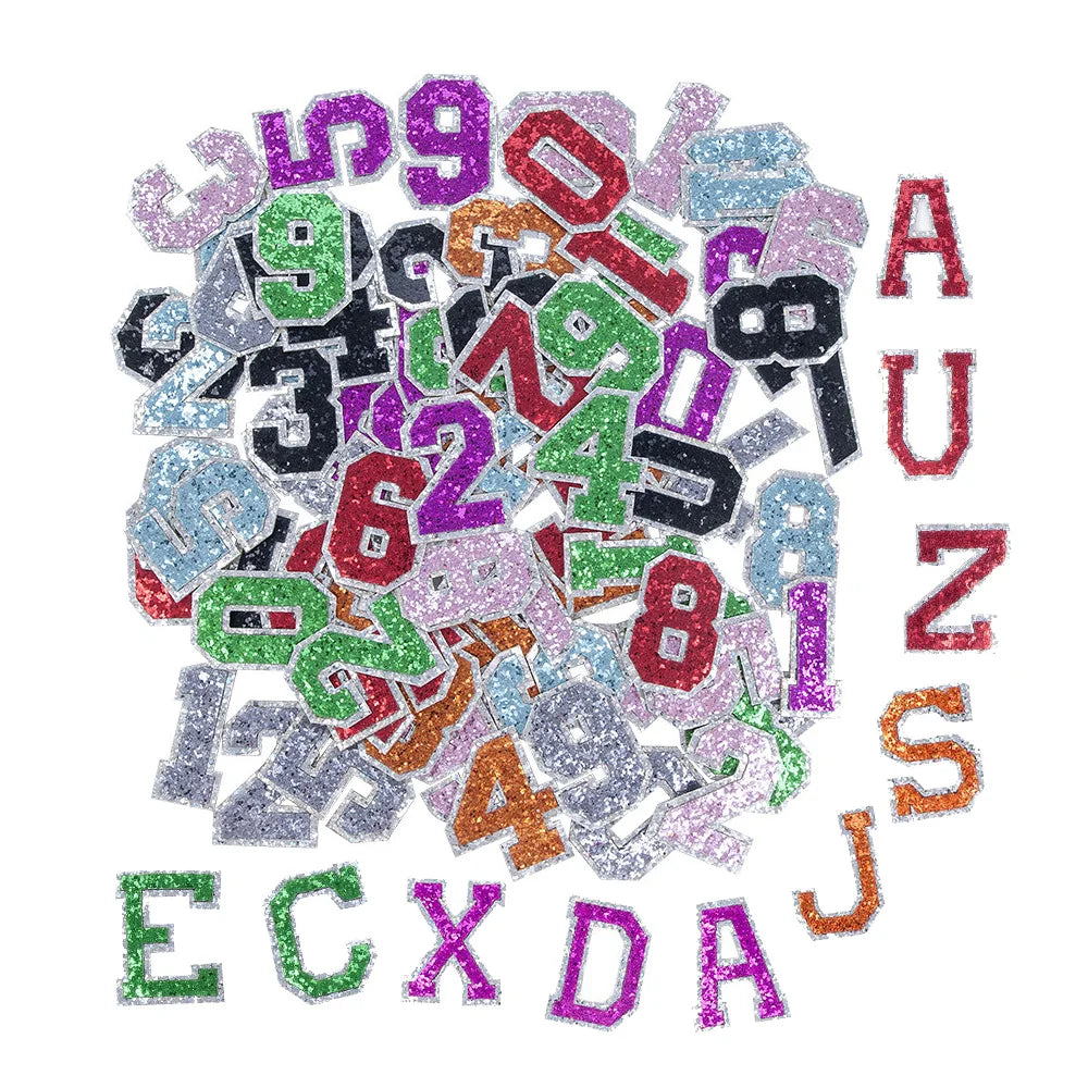 New 5cm 2" Inches A-Z Alphabet 0-9 Per Sets Colored Custom Iron on Glitter Letter Number Patches for Clothes