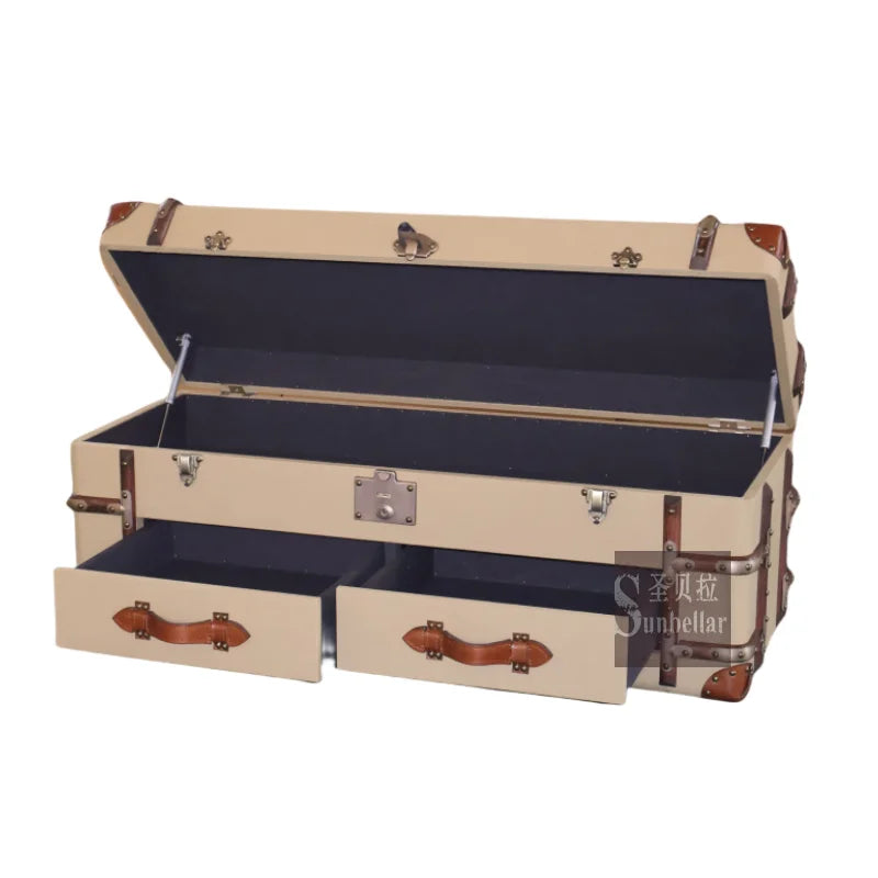 OEM ODM Vintage Trunk Coffee Table Lift Top Canvas Fabric Wooden Rattan Storage Eco-Friendly Durable Living Room Furniture 2