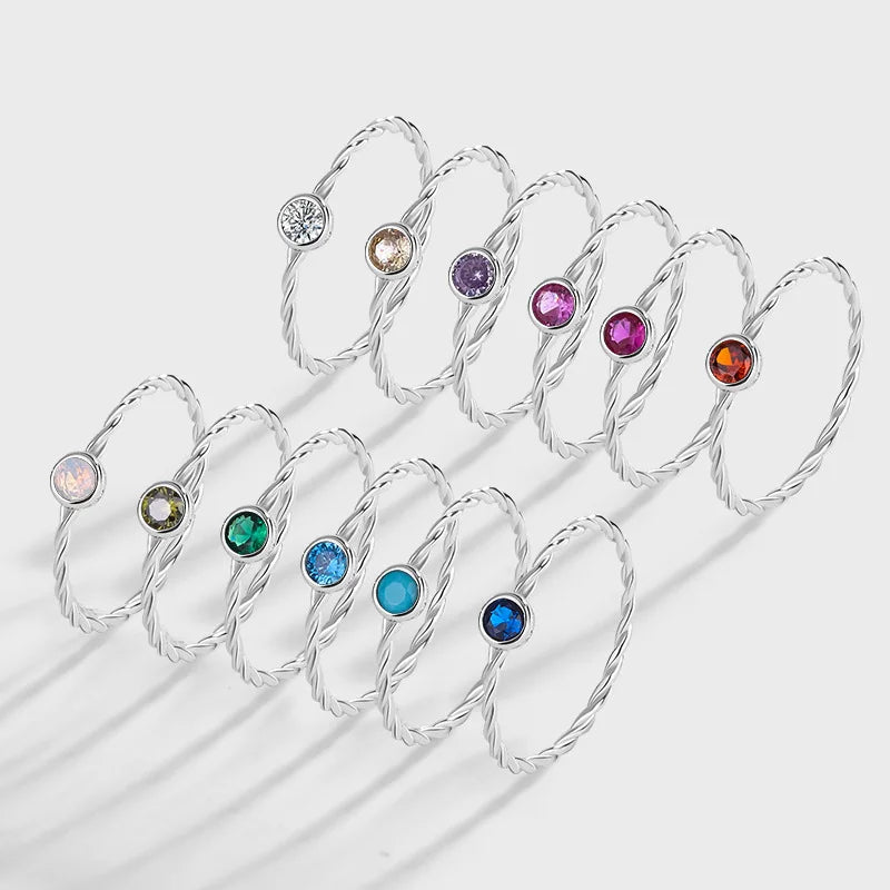 Popular 12 Birthstone Finger Ring 925 Sterling Silver Hemp Rope Round Zircon Finger Ring for Women