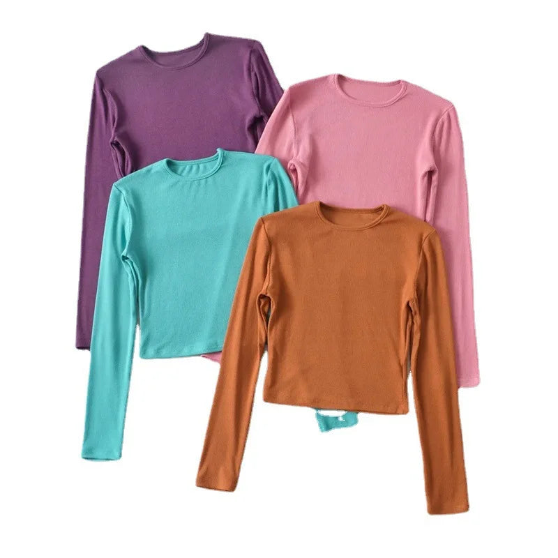 High Quality Blank Women Casual Knitted Breathable Polyester Spandex Stretch Slim Fit Full Sleeve T Shirt with Custom Logo