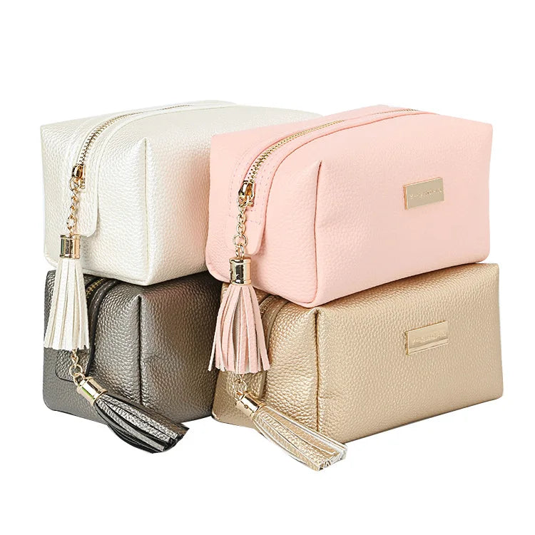 Fashion Vegan Leather Cosmetic Zipper Bag With Tassel Wholesale PU Makeup Bag Private Custom Logo