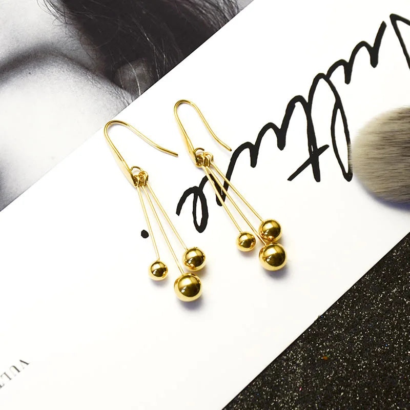 Gold 18k plated stainless steel small steel ball tassels luxury women dangling earring earrings