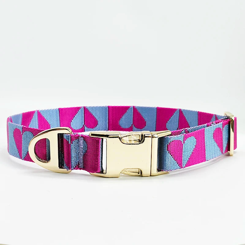 Jacquard  Collar Beautiful Custom  Heart Pattern LOGO Luxury Golden Color Metal Buckle Nylon Pet Dog  High Quality