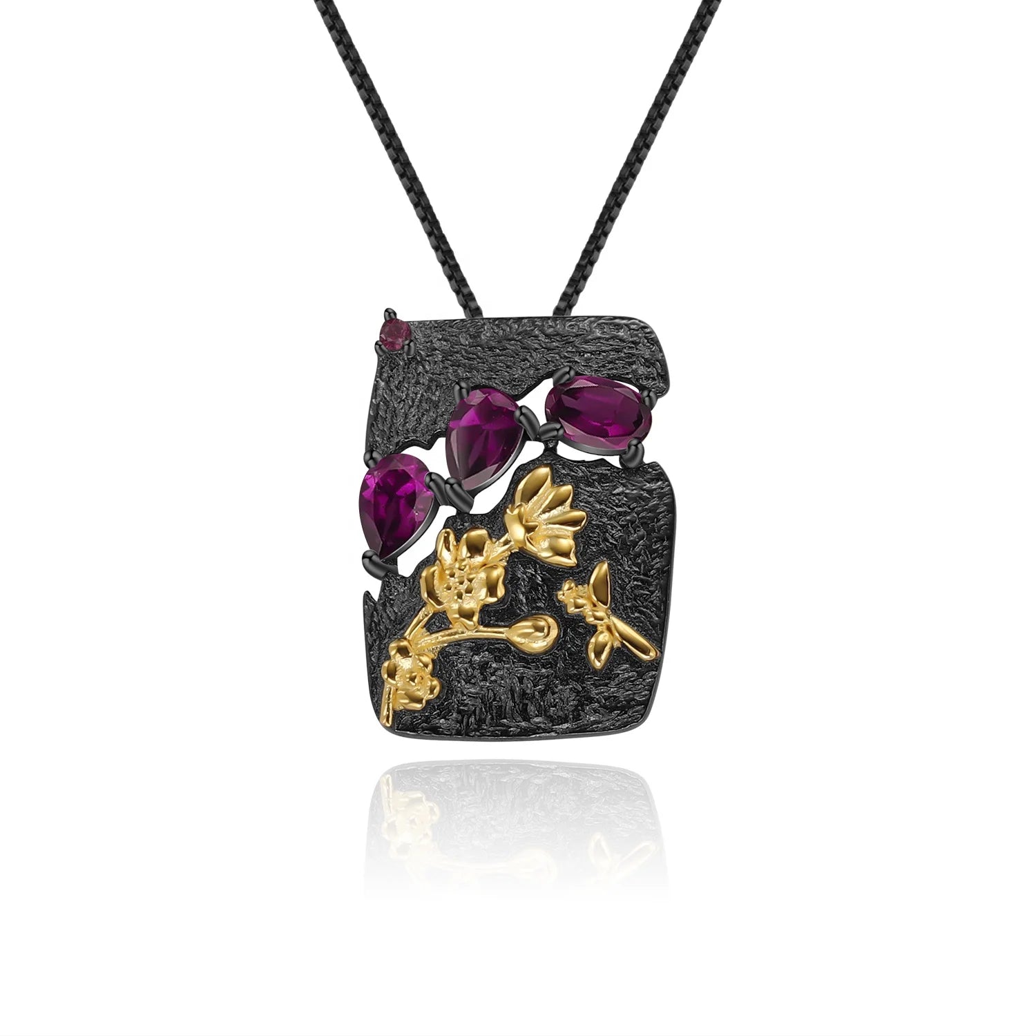 Abiding Joyeria De Plata 925 Natural Rhodolite Garnet Humming Bee Flower Garden Silver Jewelry Pendant Necklace Women