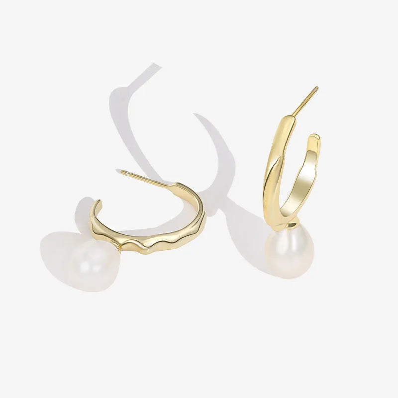 18k Gold Plated Chunky Irregular S925 Sterling Silver Pearl Drop Hoops Stud Earrings