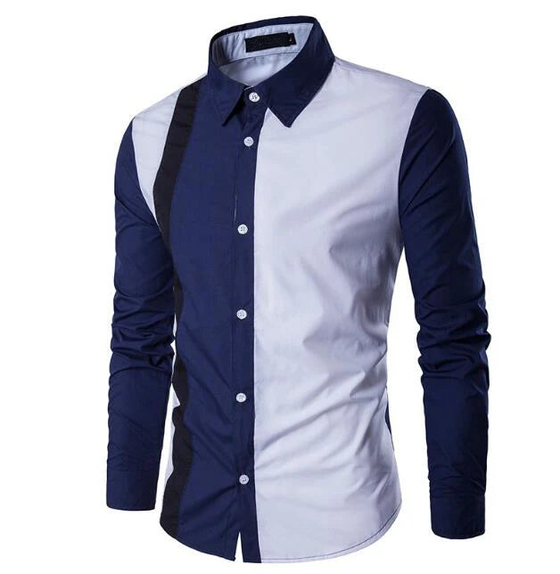 Summer Mens Shirt Top Casual Long Sleeve Shirts Lapel Collar Strip Print Patchwork Business Shirt Men Dress Male Clothing