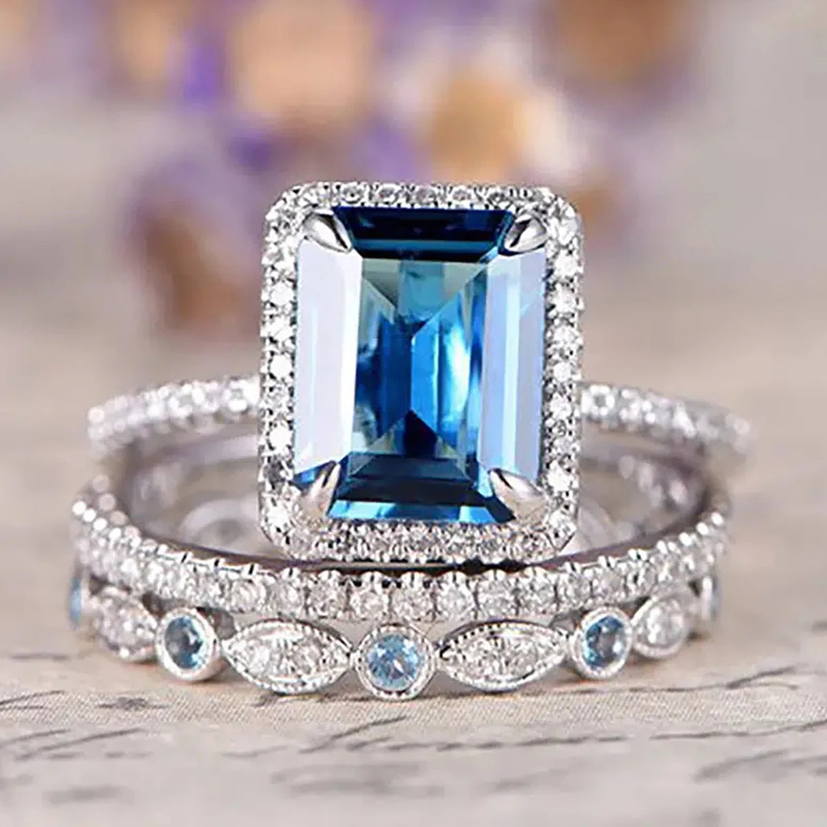 CAOSHI Elegant Rectangle Shaped Design Blue Crystal Zircon 3pcs Set Rings for Luxury Women Wedding Party Silver Plated CZ Rings