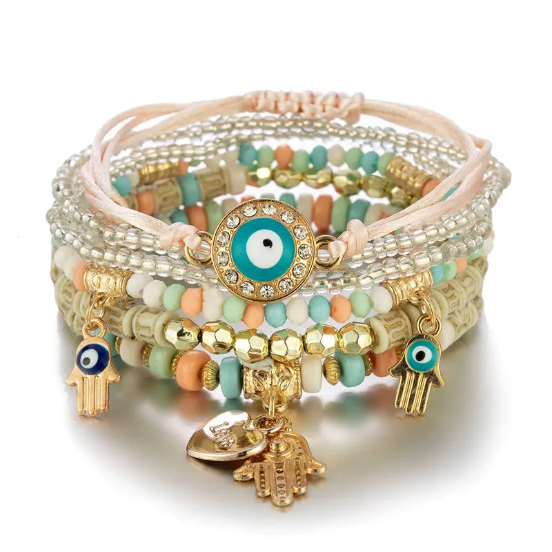 Mini Beaded Bracelet Set Evil Eye Hamsa Handmade Multi Layer Bracelet for Women
