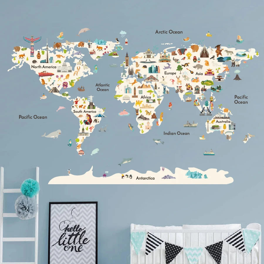 New Arrival PVC Educational World Map Wall Stickers Kindergarten Nursery Cartoon Animal Wall Decals Kids Room