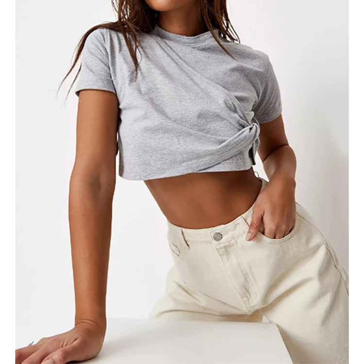 K210160 Custom Logo Comfy 100% Cotton Blouses Crop Top Short Sleeve Lady's Shirt Fashion Blouse Shirts for Women