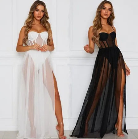 2022 Summer Sexy Mesh Bodycon Long Dress Women Elegant Short Sleeve Hollow Out See Through Party Club Dresses