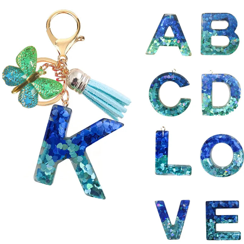New Fashion Monosyllabic Keychain a M K S Fringe butterfly Pendant Resin Jewelry Bag Car Pendant Accessories