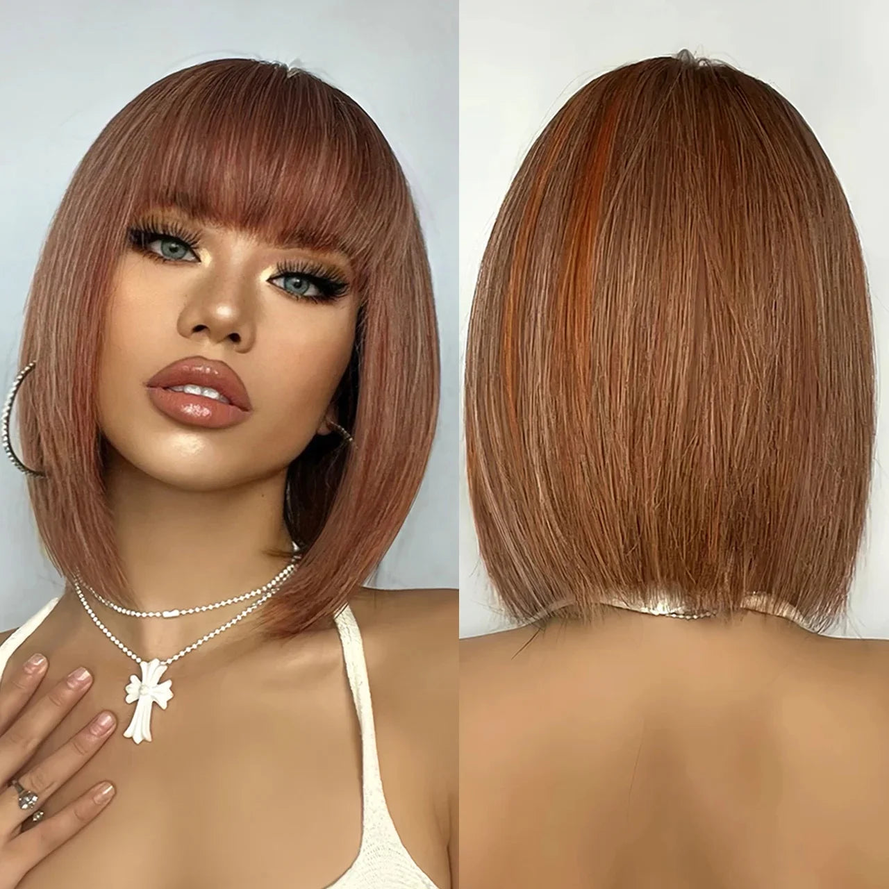 Short Straight Synthetic Wigs Brown Bob Wigs for Women With Bangs Natural Hair Daily Cosplay Heat Resistant Wigs