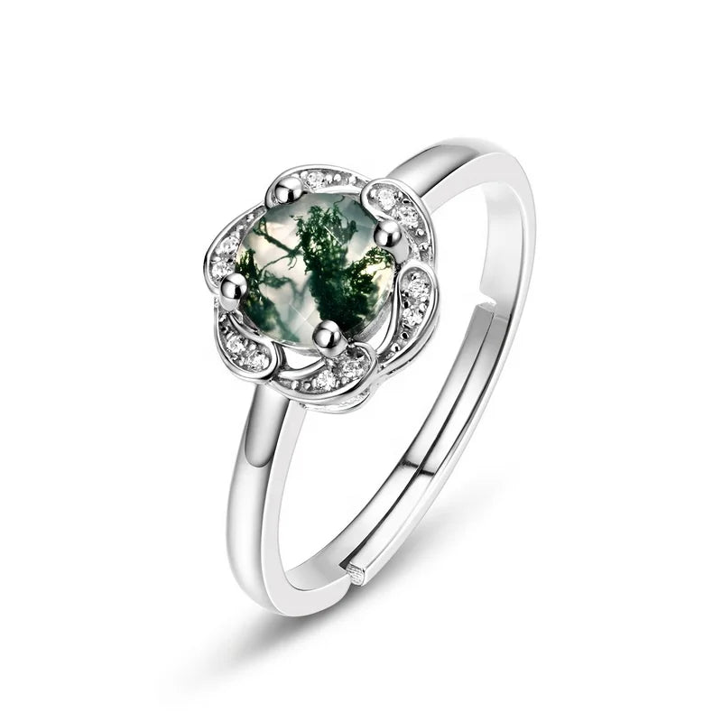 Natural Moss Agate Ring Cubic Zircon Engagement Jewelry Stylish and Elegant Sterling Silver Gemstone Women's Ring