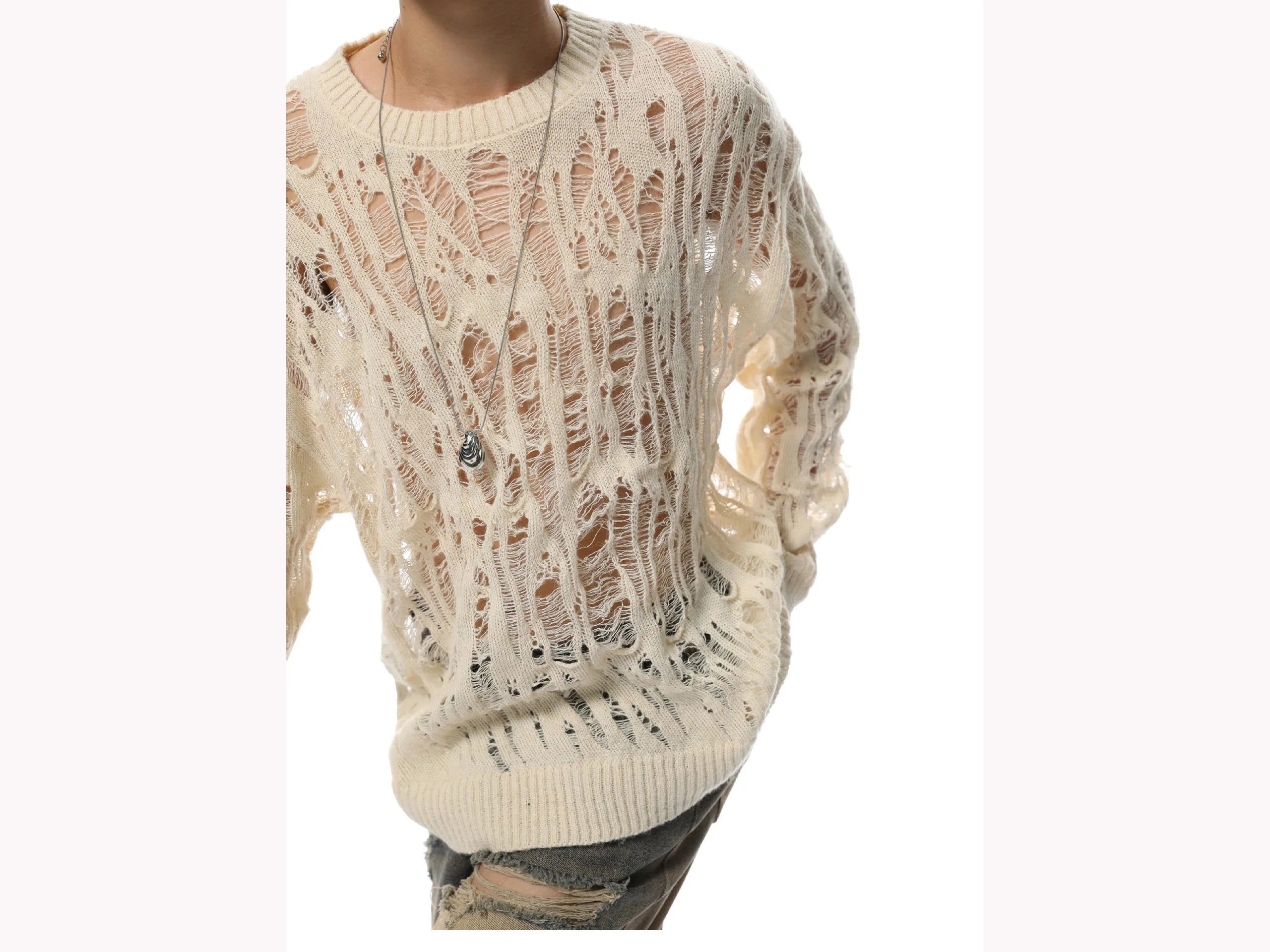 LEDUO Summer Floral Hollow Out Knit Sweater Oversized Neck Long Sleeve Cutouts Loose Fit Casual Layering Streetwear Pullover Top