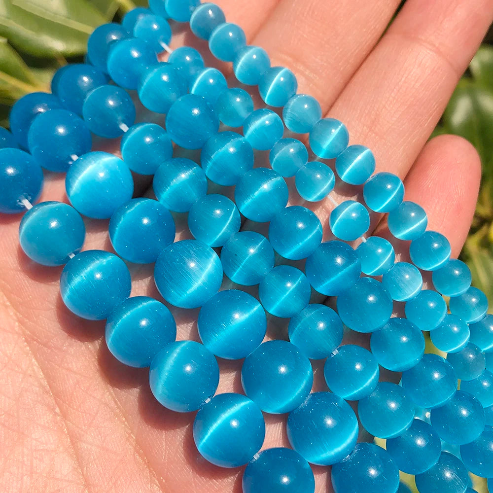 Wholesale 4/6/8/10/12MM Natural Semi Gemstone Lake Blue Color Cats Eye Stone Round Loose Beads Kuoyu F00227 for DIY Jewelry