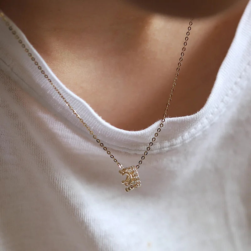 Gold Plating Pure 925 Sterling Silver Cute Fashion CZ Zircon Crown Pendant Necklace for Women Girls Jewelry