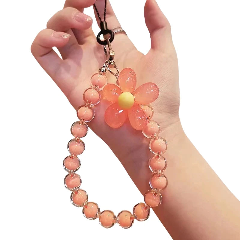 Wholesale Wrist Straps Crystal Bead Bracelet Key Chain Phone Lanyard Phone Charms Flower Mobile Phone Chain Trendy Girl Keychain