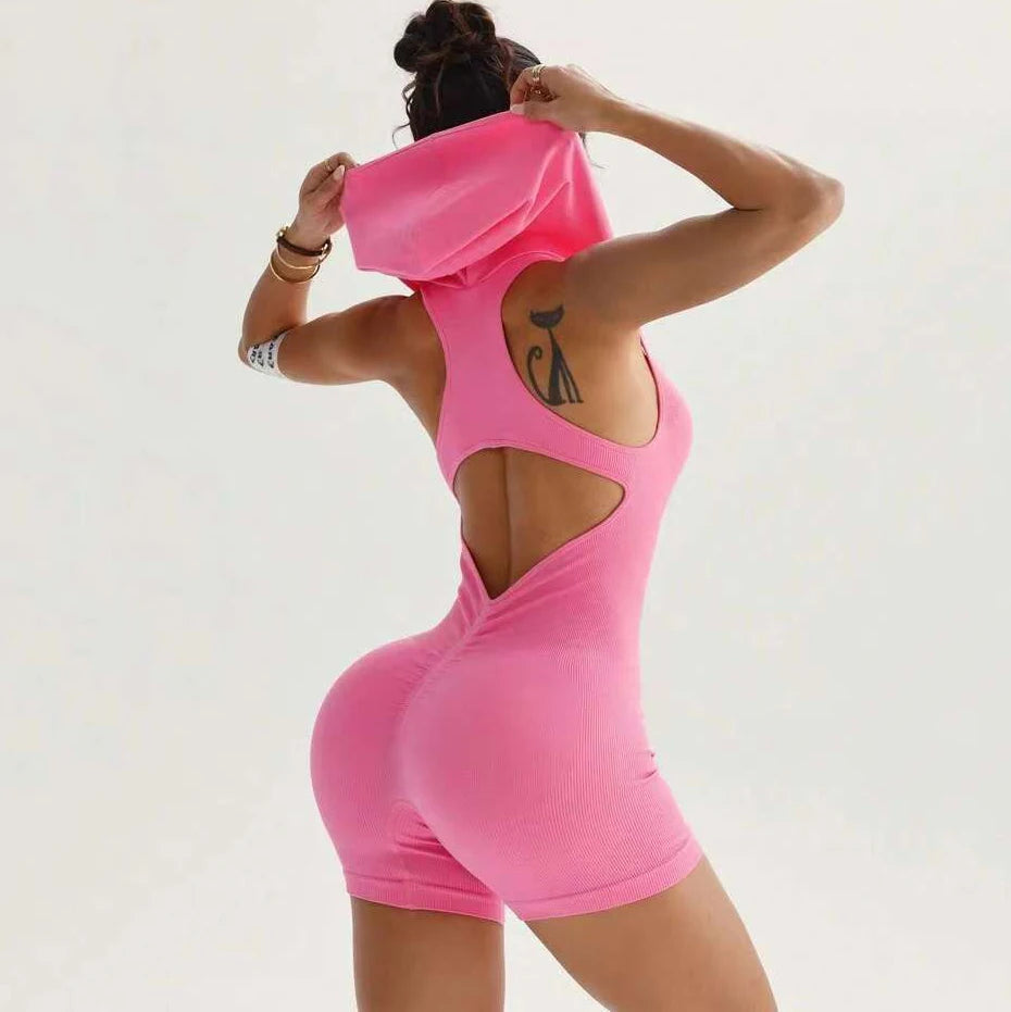 Women's Compression Sports Bodysuit with Soft Stretchy Ribbed Seamless Hood Two-Tone Scrunch Back Jumpsuit