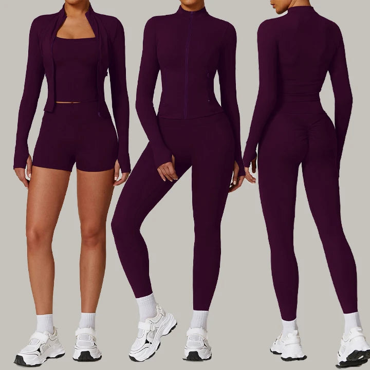 Custom High Stretchy New Designs Fitness Workout Gym Zip up Long Sleeve Jacket 2 Piece Yoga Sets