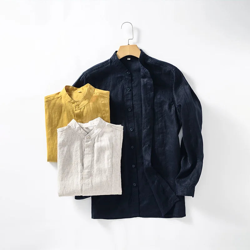 Men's Long Sleeve Linen Casual Shirts Stand Collar Customized Logo Printing Vintage Style Summer Daily Wear Breathable Quick Dry