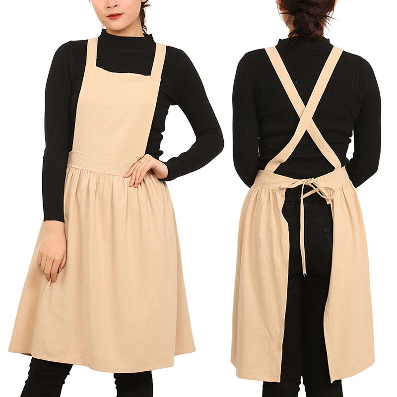 Crisscross Back Strap Beige Japanese Style Kitchen Linen Aprons