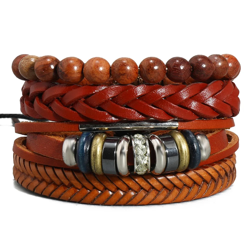 Mothers Day Gift DIY Retro Multl Layers Brown Leather Bracelet for Mom