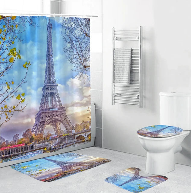 Eiffel Tower 3D Shower Curtain Paris Landscape Bathroom Curtains Set Non-Slip Rugs Toilet Lid Cover Mat Carpet Home Decor/