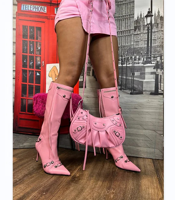 BUSY GIRL HXMY4056 Knee High Boots for Women Stiletto High Heels Shoes Designer Boots Women Matching Boots and Bag Set