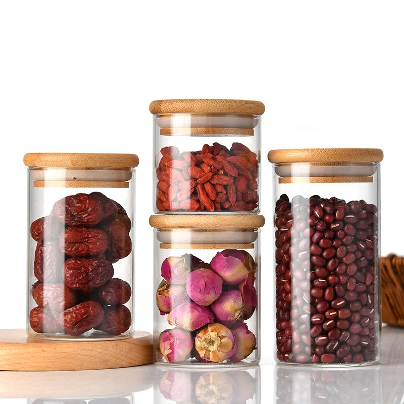 Wholesale High Borosilicate Transparent Home Kitchen Glass Storage Bottle Jar With Bamboo Lid