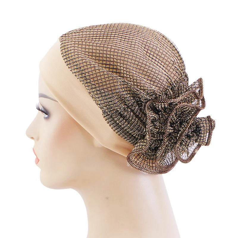 Fashion Black Big Flower Snood Adult Muslim Chemo Cap Hair Head Wrap Turban for Women Wedding