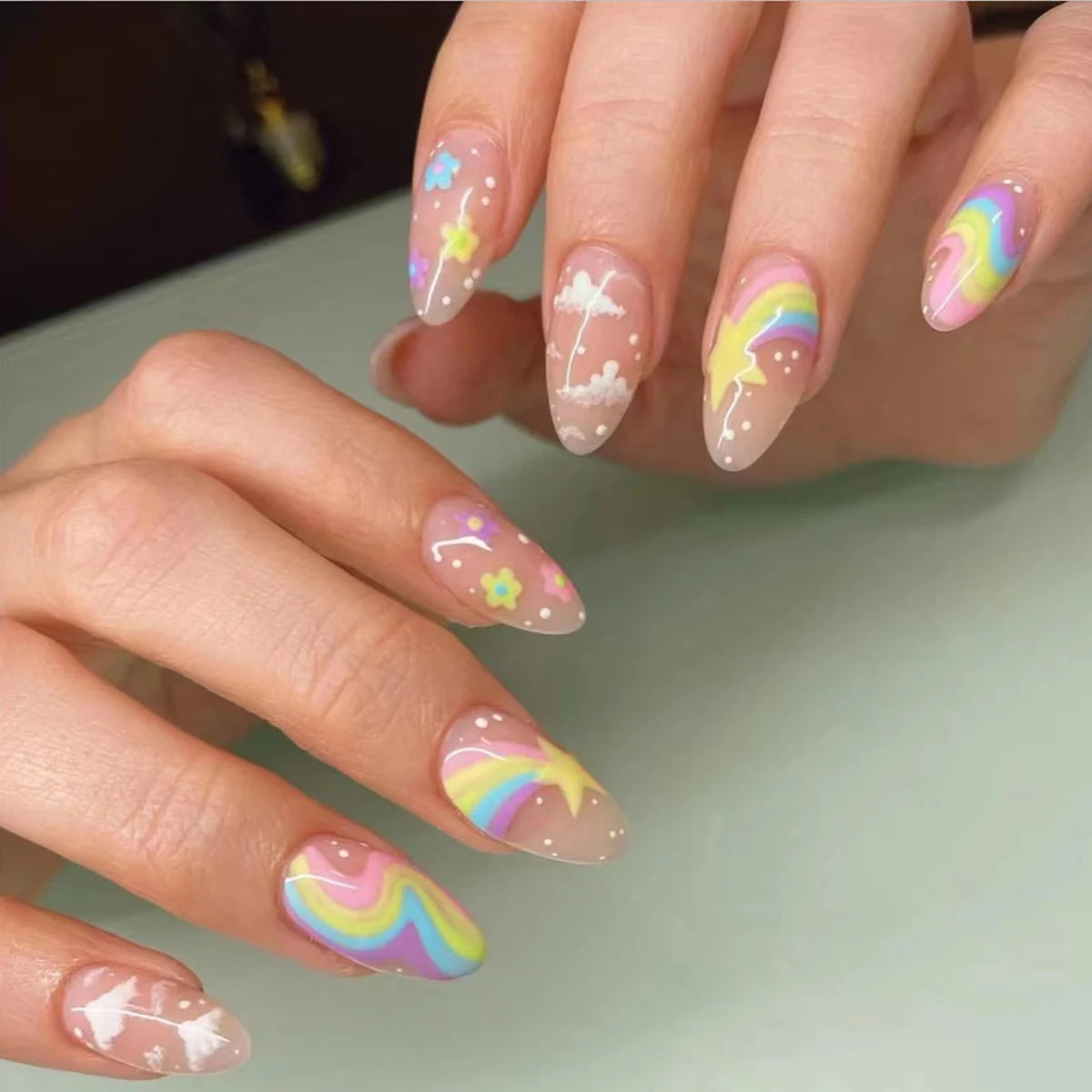 Wholesale Temooi 24Pcs ABS French Design Almond Press Nails Full Cover Finger Nail Glue Colorful Rainbow Patterns Printing False