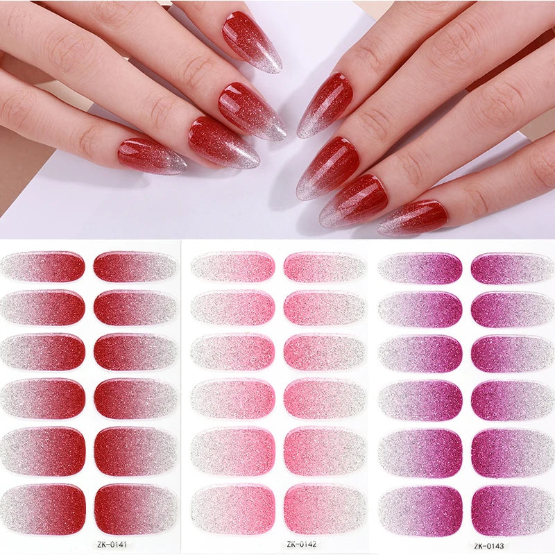 Wholesale 3D Plastic Nail Art Wraps Stickers OEM Service Gradient Sparkle Red Design with Logo Printed 12 Units